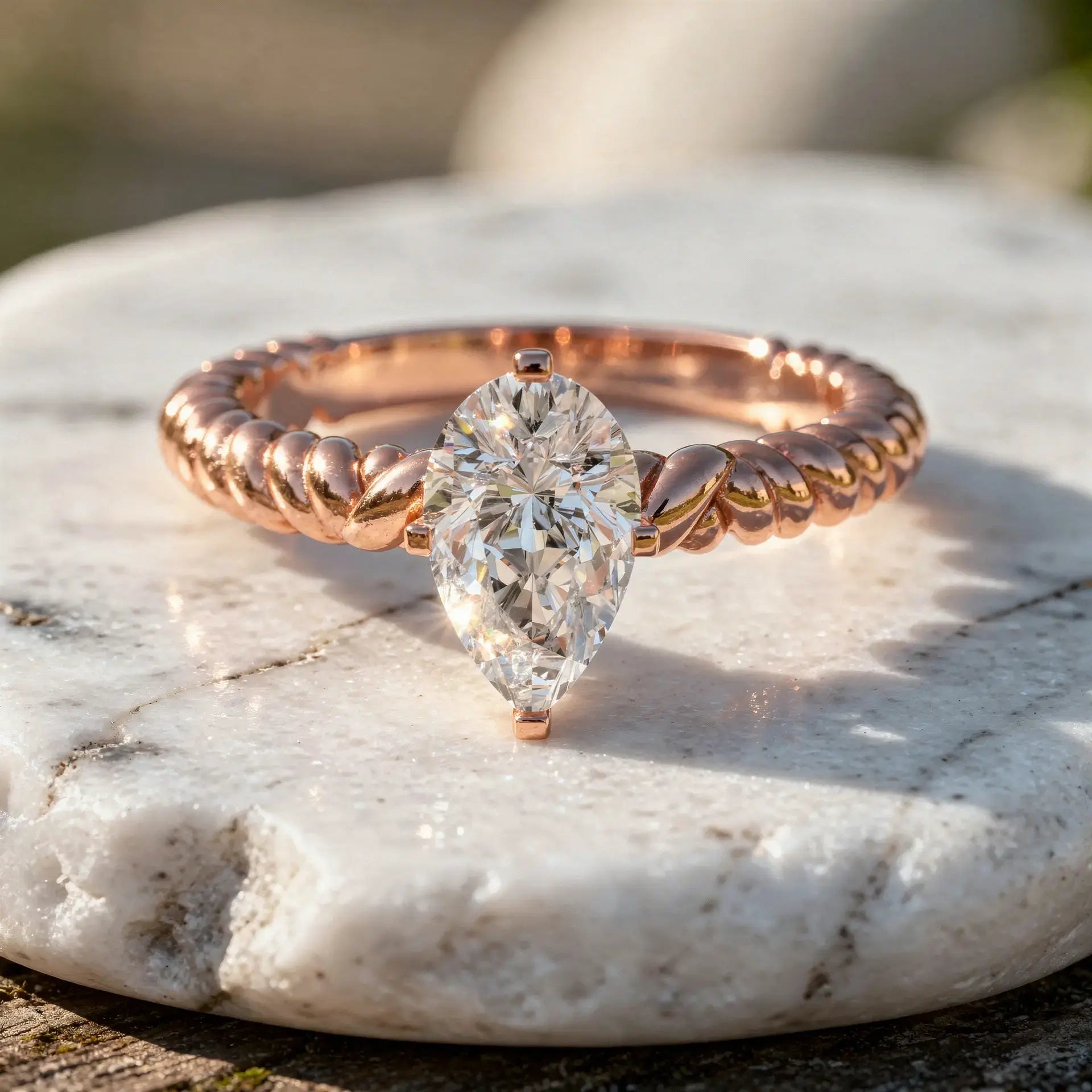 Front-view: Pear Cut Diamond Ring with Solitaire Setting in 14k Rose Gold - Lab Grown - Driona Jewels