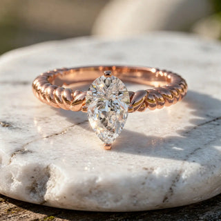 Front-view: Pear Cut Diamond Ring with Solitaire Setting in 14k Rose Gold - Lab Grown - Driona Jewels
