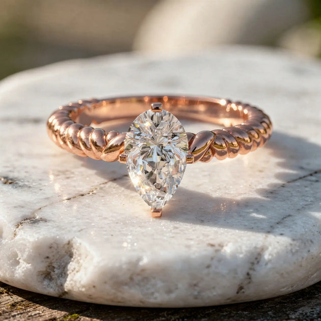 Front-view: Pear Cut Diamond Ring with Solitaire Setting in 14k Rose Gold - Lab Grown - Driona Jewels