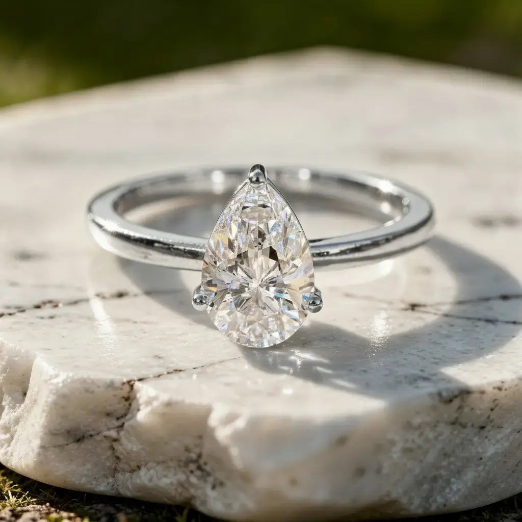 Front-view: Pear Diamond Ring with Solitaire Setting in 14k White Gold - Lab Grown - Driona Jewels