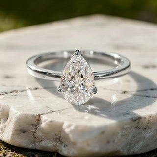 Front-view: Pear Diamond Ring with Solitaire Setting in 14k White Gold - Lab Grown - Driona Jewels