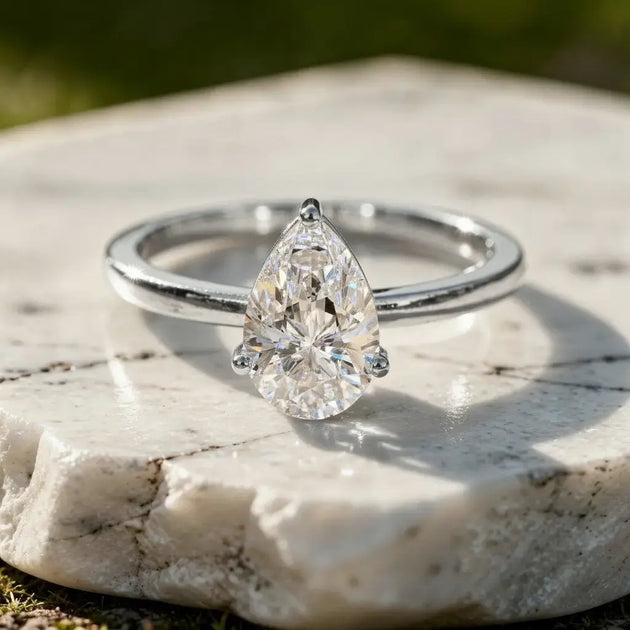 Front-view: Pear Diamond Ring with Solitaire Setting in 14k White Gold - Lab Grown - Driona Jewels
