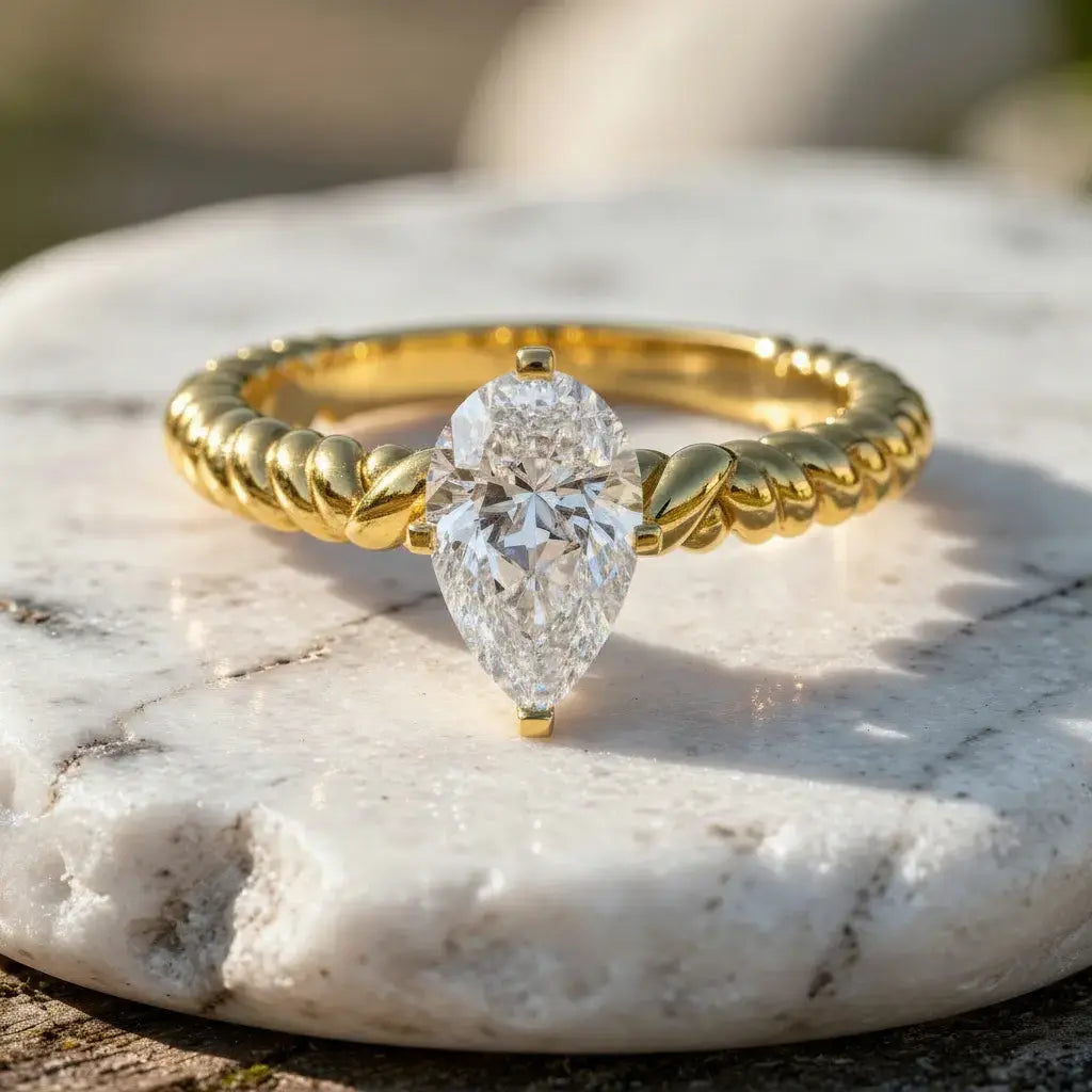 Flat Lay: Pear Cut Diamond Ring with Solitaire Setting in 14k Yellow Gold - Lab Grown - Driona Jewels