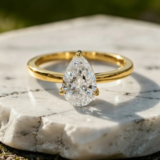 Front-view: Pear Diamond Ring with Solitaire Setting in 14k Yellow Gold - Lab Grown - Driona Jewels