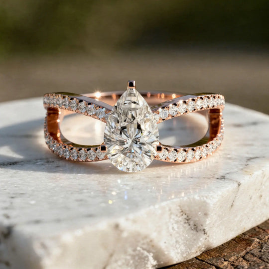 Front-view: Pear Cut Diamond Engagement Ring with Split Shank Setting in 14k Rose Gold - Lab Grown - Driona Jewels