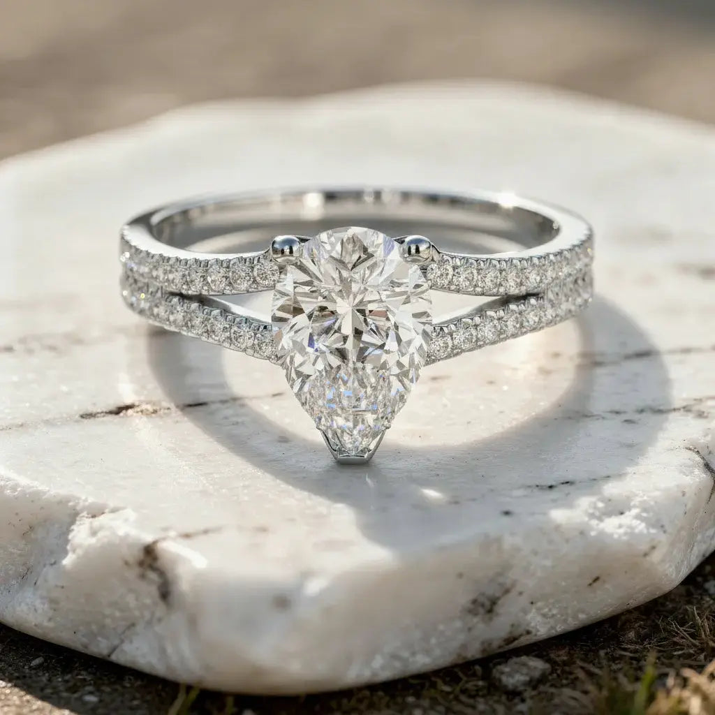Front-view: Pear Diamond Engagement Ring with Split Shank Setting in 14k White Gold - Lab Grown - Driona Jewels