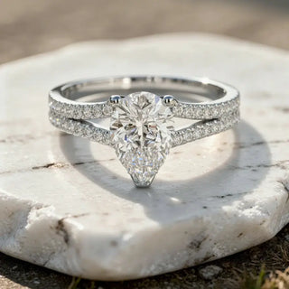 Front-view: Pear Diamond Engagement Ring with Split Shank Setting in 14k White Gold - Lab Grown - Driona Jewels