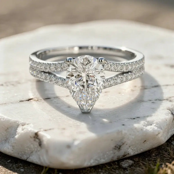 Front-view: Pear Diamond Engagement Ring with Split Shank Setting in 14k White Gold - Lab Grown - Driona Jewels