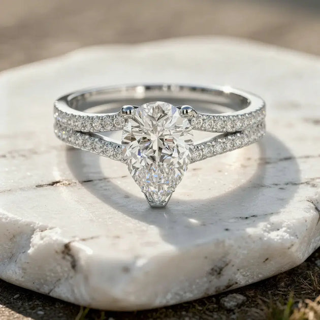 Front-view: Pear Diamond Engagement Ring with Split Shank Setting in 14k White Gold - Lab Grown - Driona Jewels