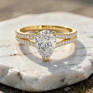 Front-view: Pear Cut Diamond Ring with Split Shank Setting in 14k Yellow Gold - Lab Grown - Driona Jewels