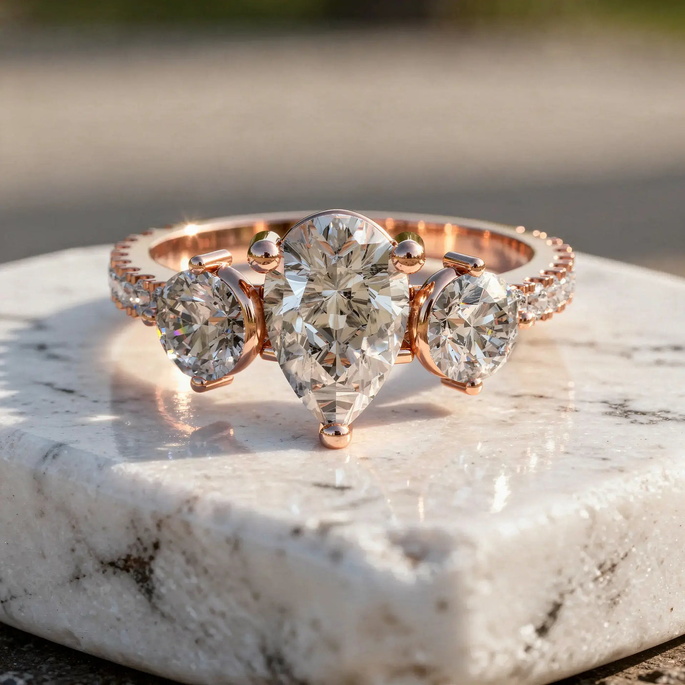 Front-view: Pear Cut Diamond Ring with Three-Stone Setting in 14k Rose Gold - Lab Grown - Driona Jewels