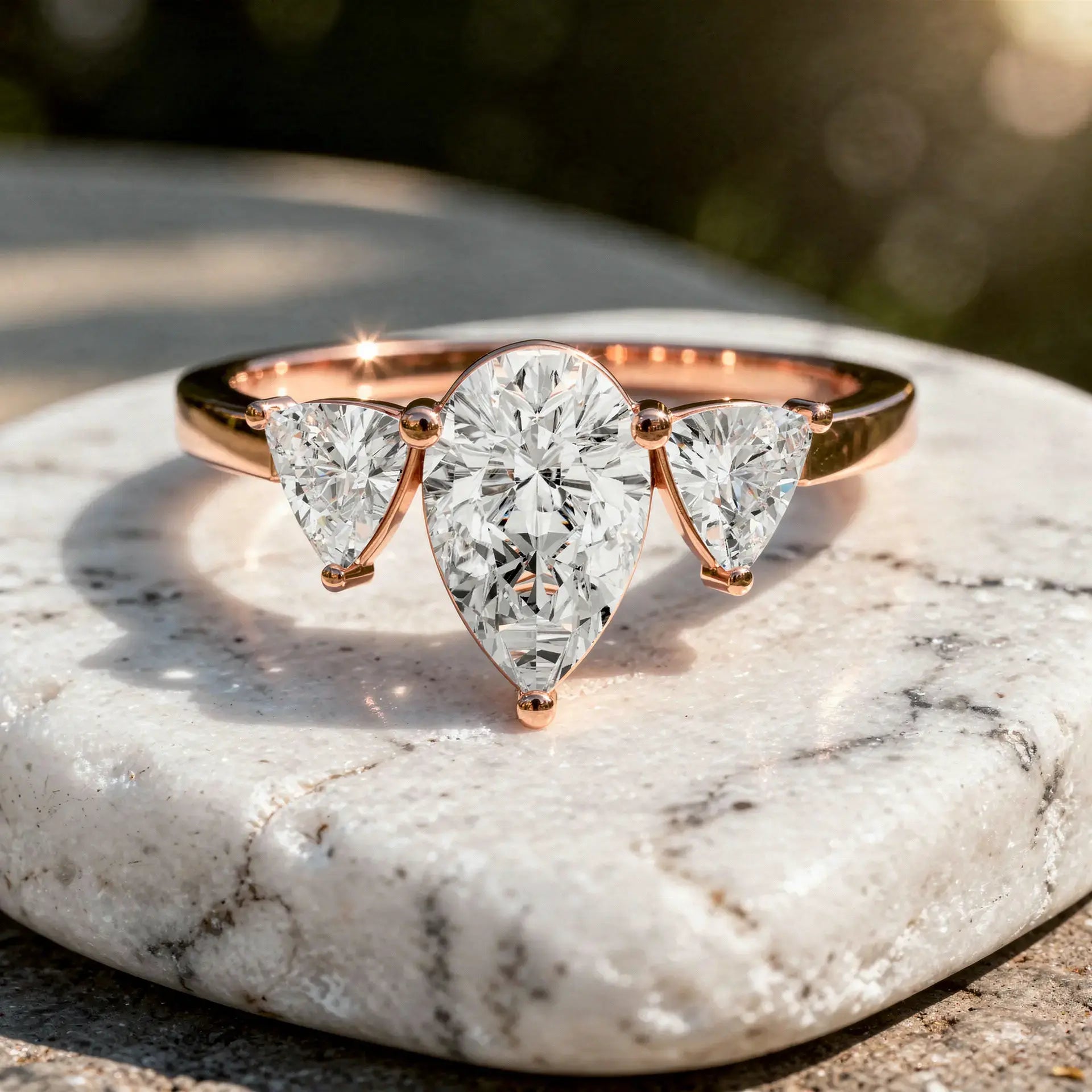 Front-view: Pear Cut Diamond Ring with Three-Stone Setting in 14k Rose Gold - Lab Grown - Driona Jewels
