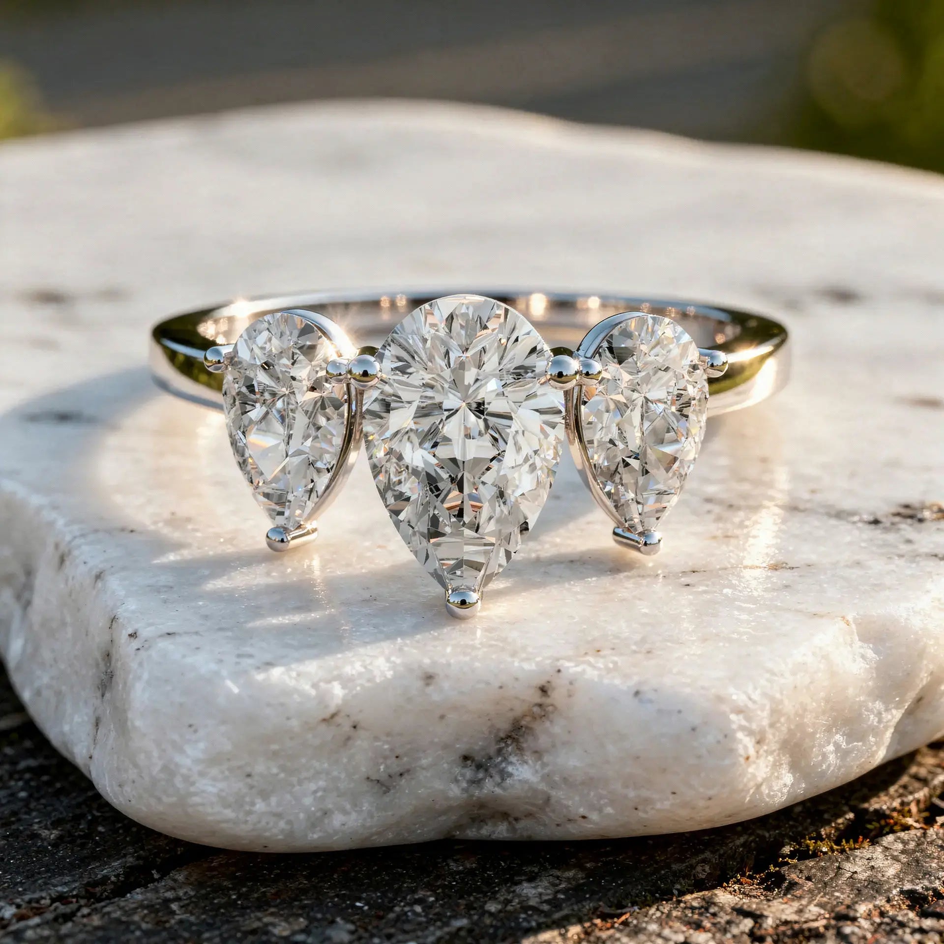 Front-view: Pear Cut Diamond Three Stone Ring with Three-Stone Setting in 14k White Gold - Lab Grown - Driona Jewels