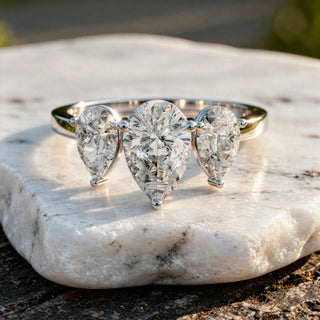 Front-view: Pear Cut Diamond Three Stone Ring with Three-Stone Setting in 14k White Gold - Lab Grown - Driona Jewels