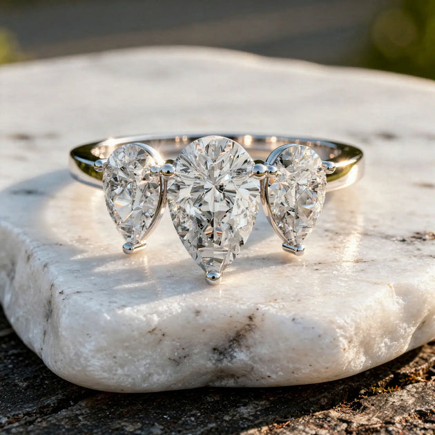 Front-view: Pear Cut Diamond Three Stone Ring with Three-Stone Setting in 14k White Gold - Lab Grown - Driona Jewels