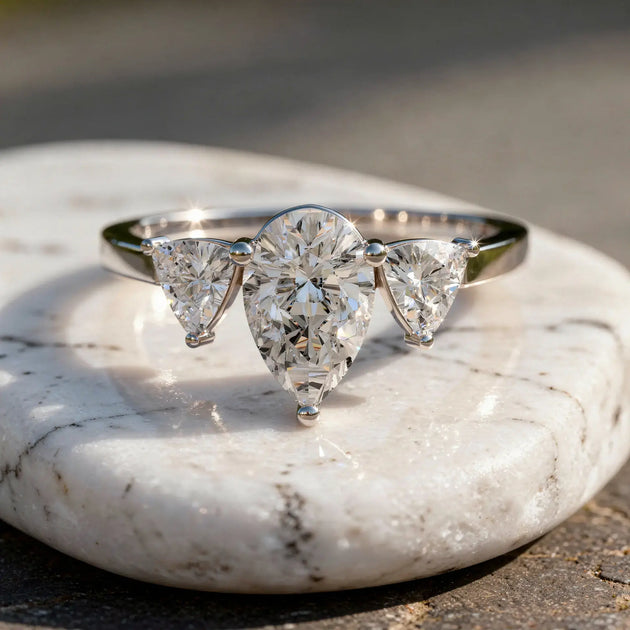 Front-view: Pear Cut Diamond Ring with Three-Stone Setting in 14k White Gold - Lab Grown - Driona Jewels