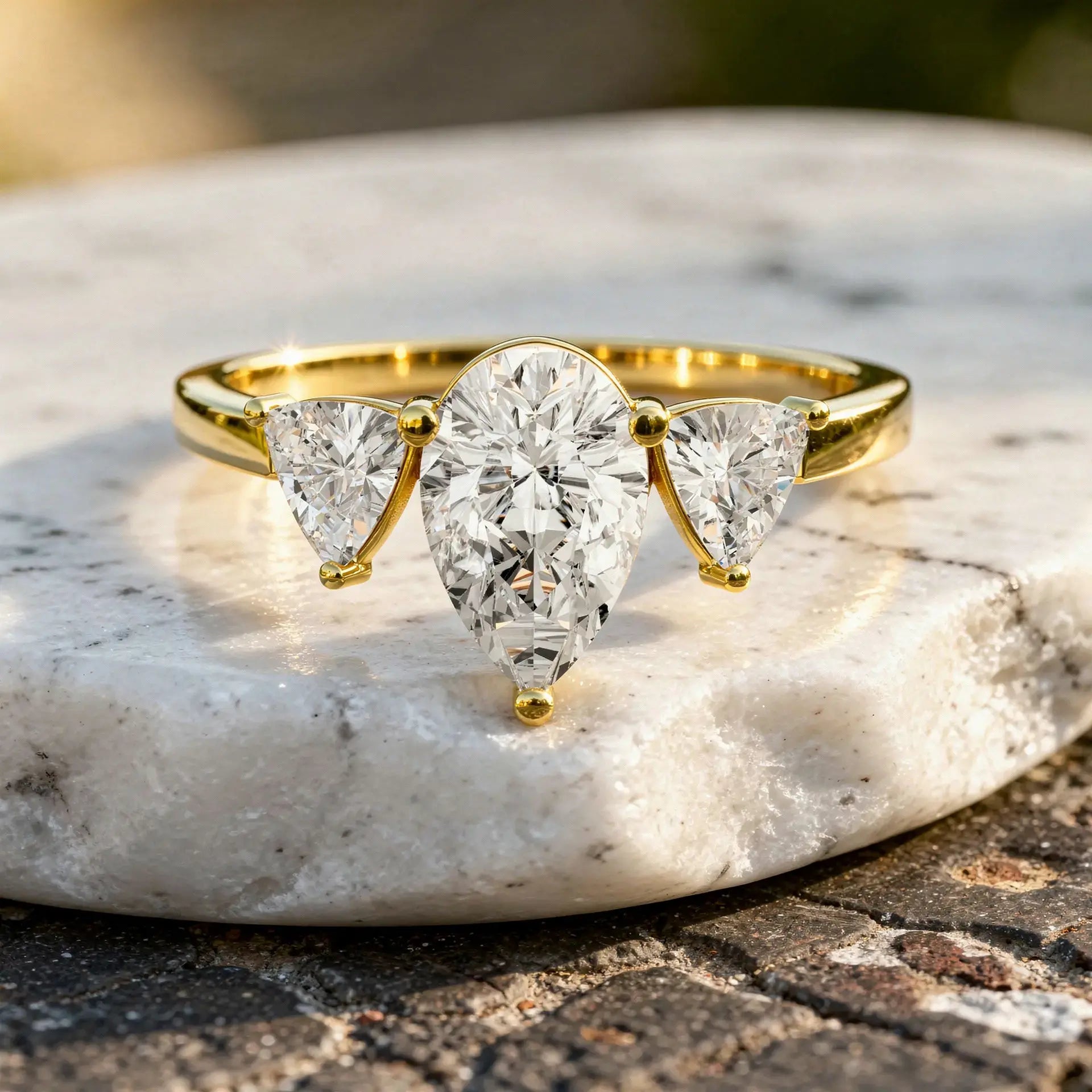 Front-view: Pear Cut Diamond Ring with Three-Stone Setting in 14k Yellow Gold - Lab Grown - Driona Jewels