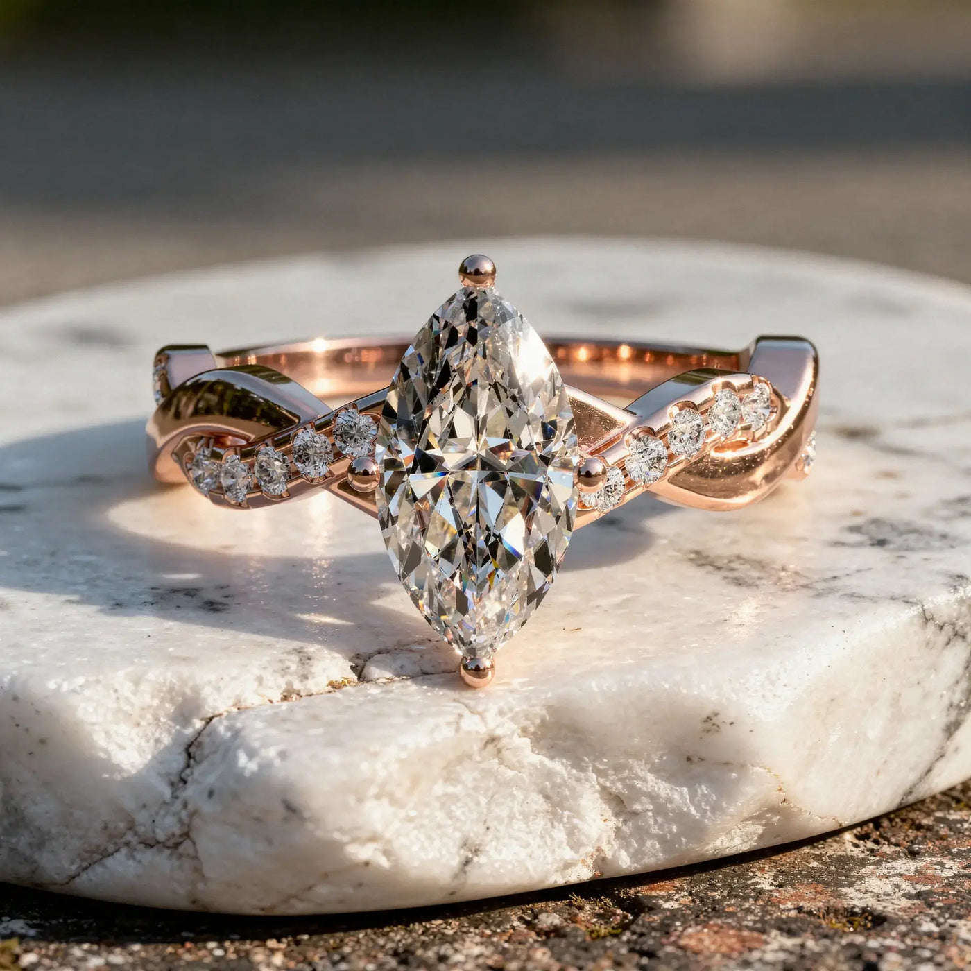 Front-view: Pear Cut Diamond Ring with Twist Setting in 14k Rose Gold - Lab Grown - Driona Jewels
