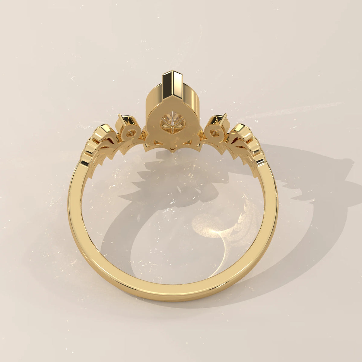 Marquise Lab Grown Diamond Ring with Carved Leaf Wings in yellow gold, shown on a plain background.