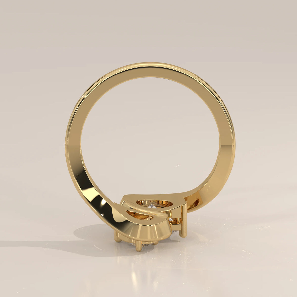 Two Pear Lab Grown Diamond Toi et Moi Ring with S Shaped Outline in yellow gold, side profile view.