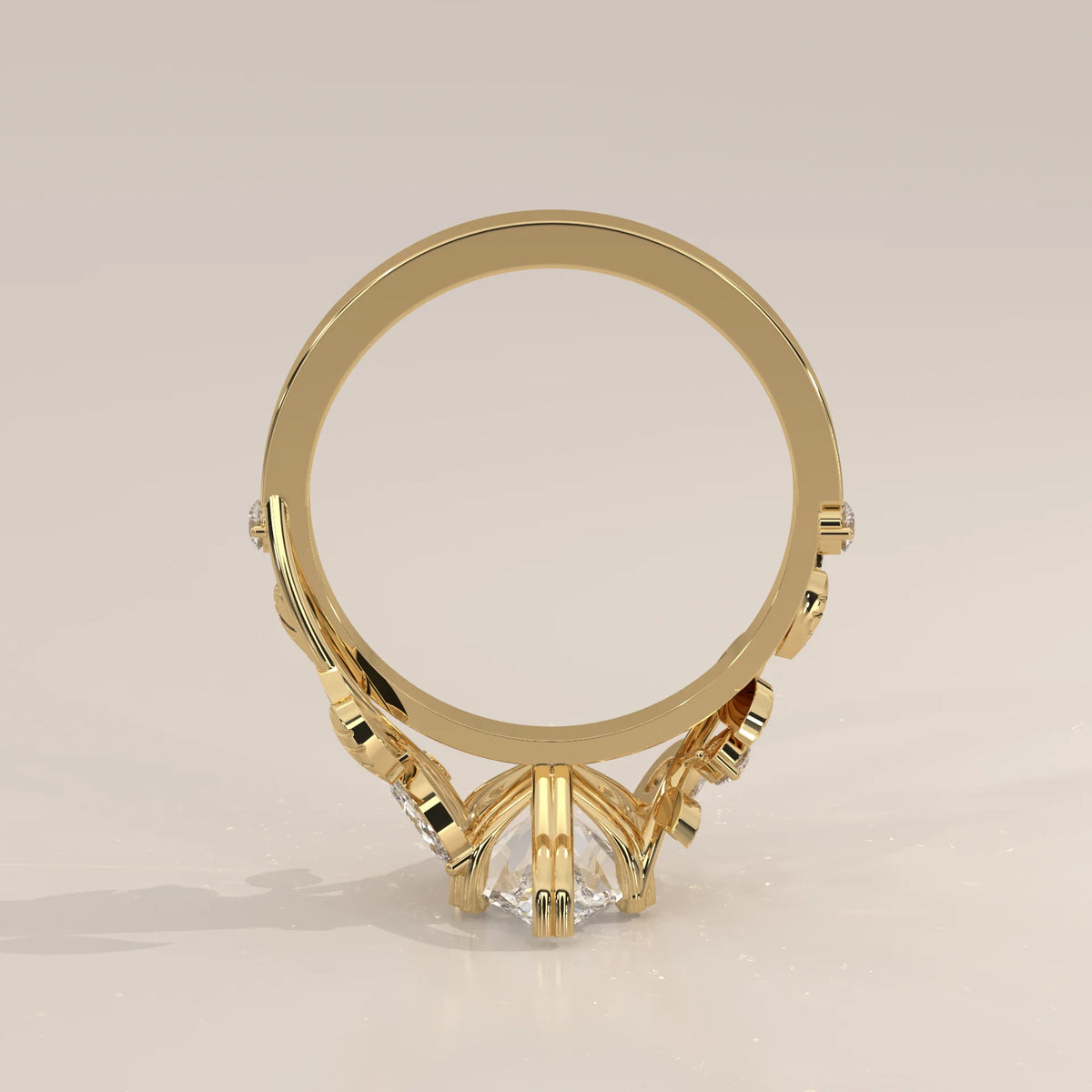 Marquise Lab Grown Diamond Vine Ring with Engraved Leaves in yellow gold, side profile view.