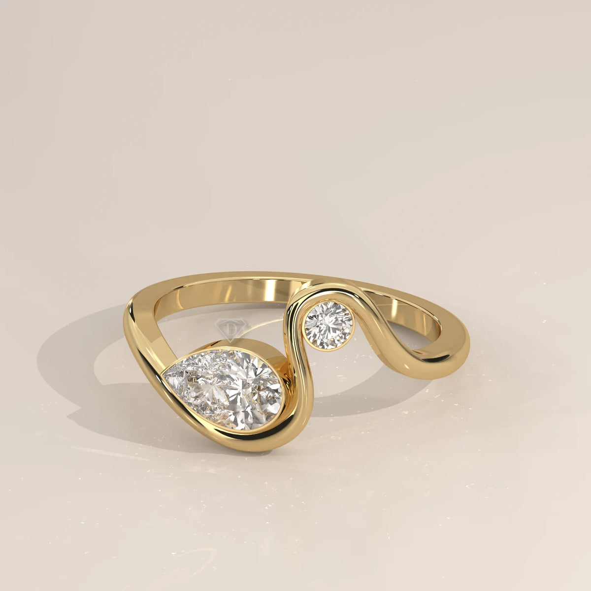 Pear Lab Grown Diamond Swirl Ring with Bezel Set Round Accent in yellow gold, shown from the side.