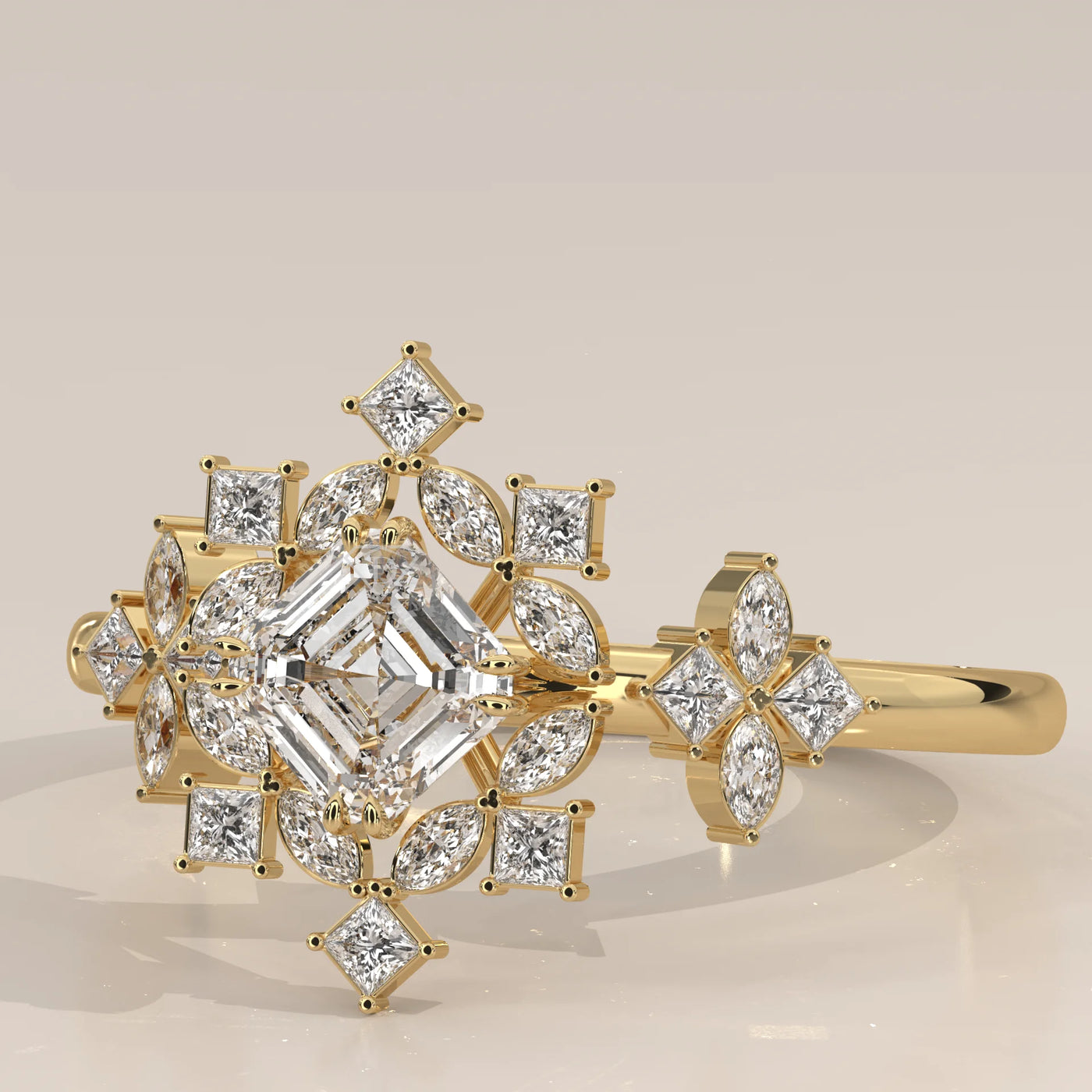 Gold ring featuring a central Asscher cut diamond surrounded by princess and marquise cut diamonds.