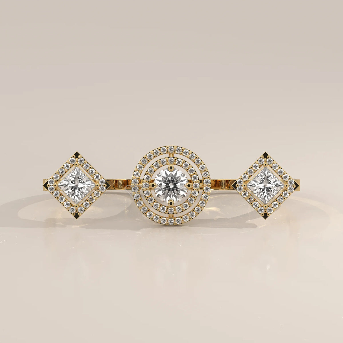 Round Double Halo Lab Grown Diamond Two Finger Ring with Princess Ends in yellow gold, photographed head-on.