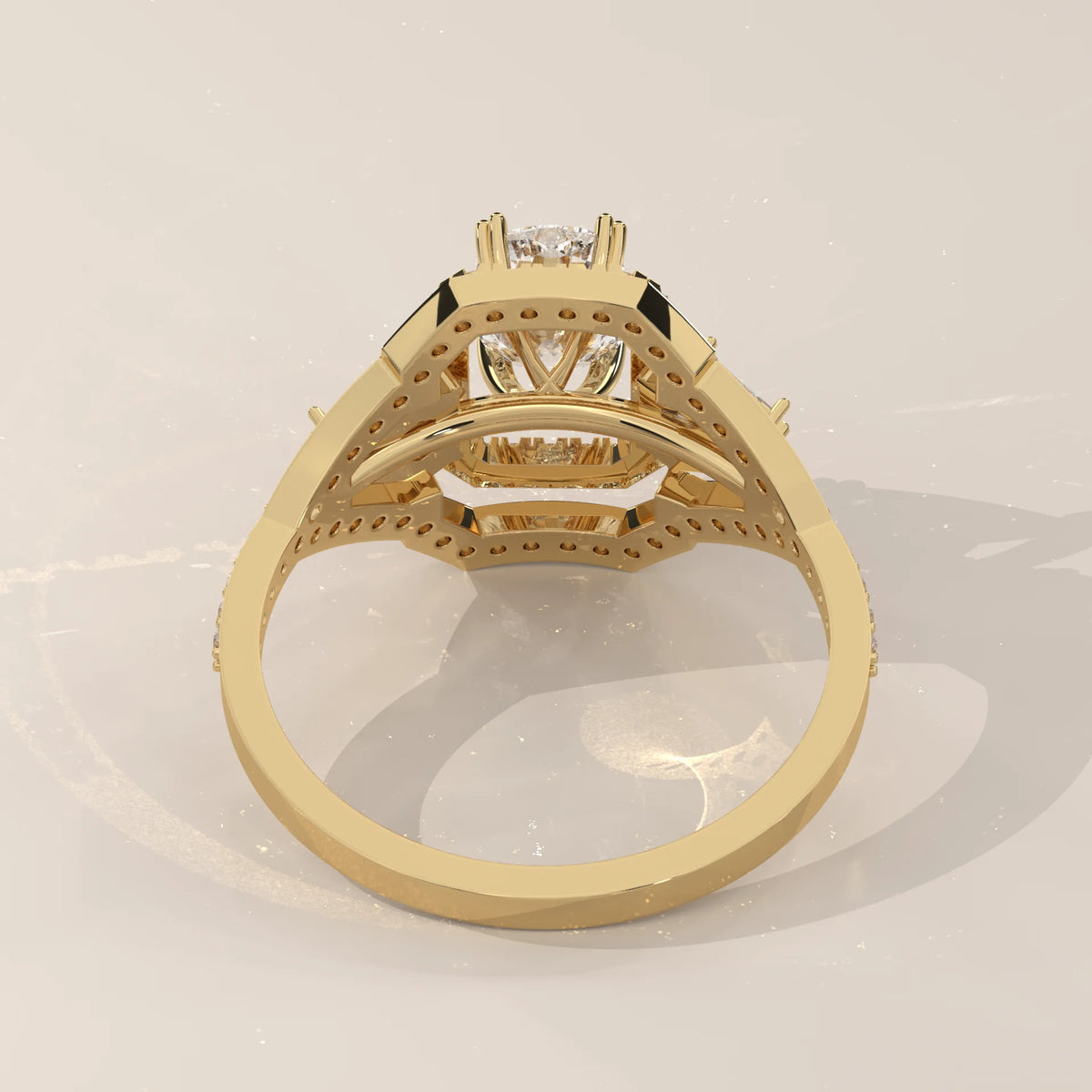 Cushion Lab Grown Diamond Art Deco Halo Ring with Shield Side Stones in yellow gold, side profile view.