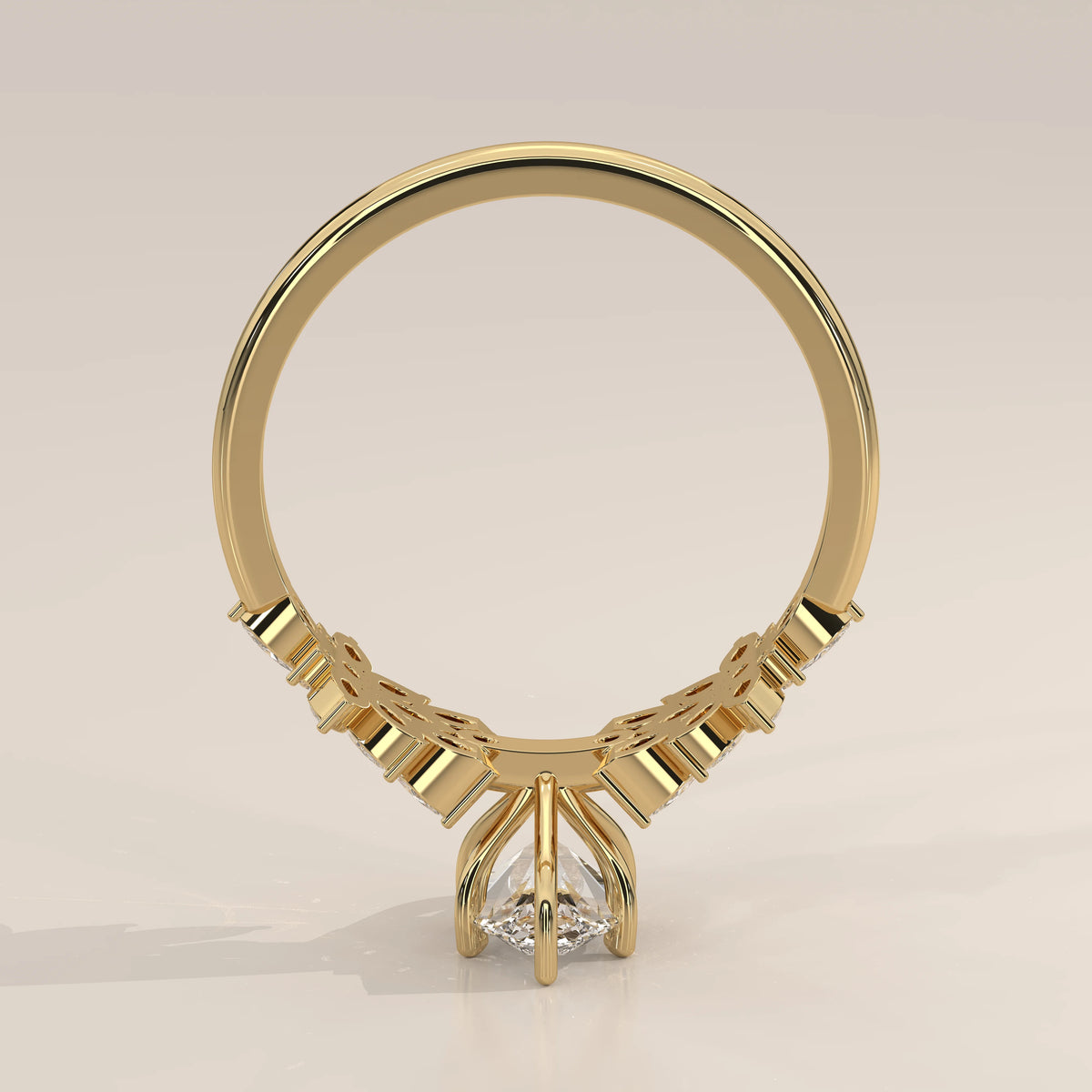 Marquise Lab Grown Diamond Ring with Marquise Flower Clusters in yellow gold, side profile view.