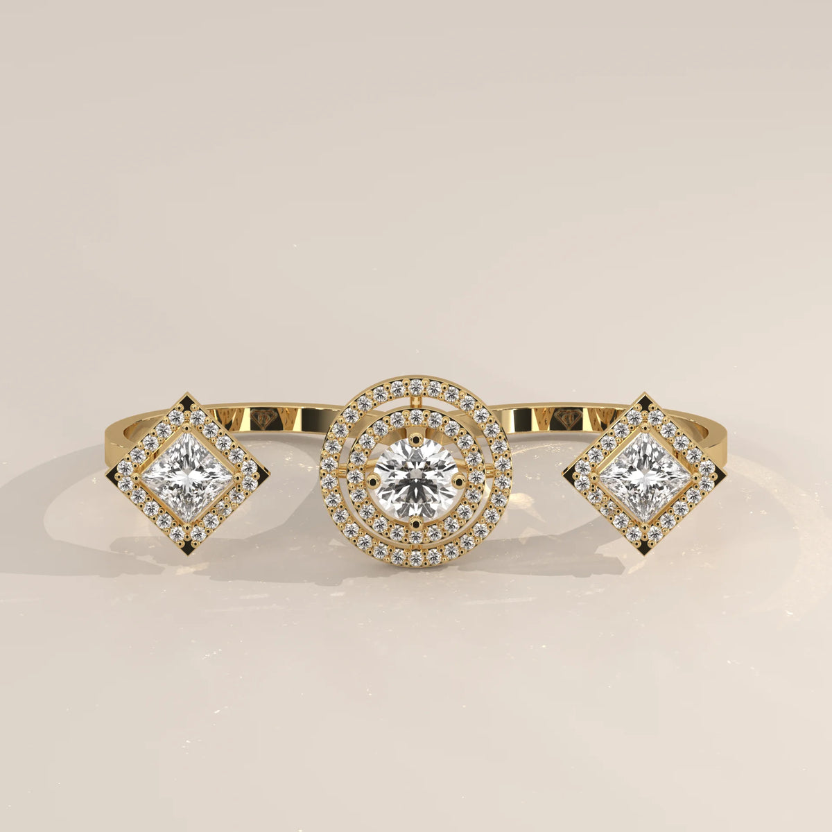 Round Double Halo Lab Grown Diamond Two Finger Ring with Princess Ends in yellow gold, shown from the front.