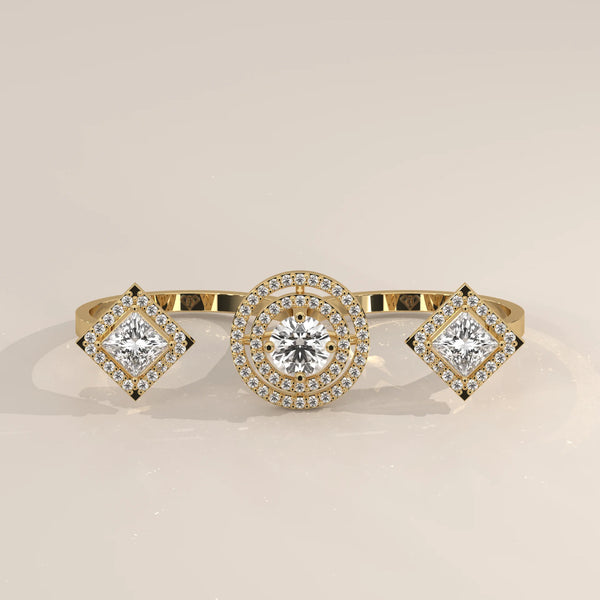Round Double Halo Lab Grown Diamond Two Finger Ring with Princess Ends in yellow gold, shown from the front.