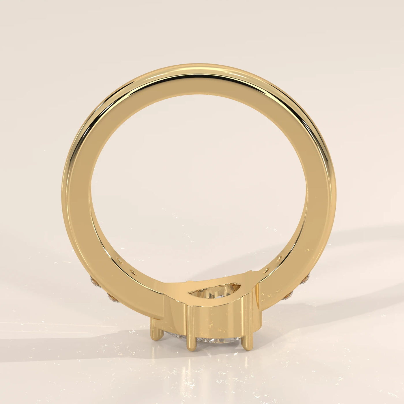 A 14k yellow gold ring with small diamonds and a princess-cut center stone.