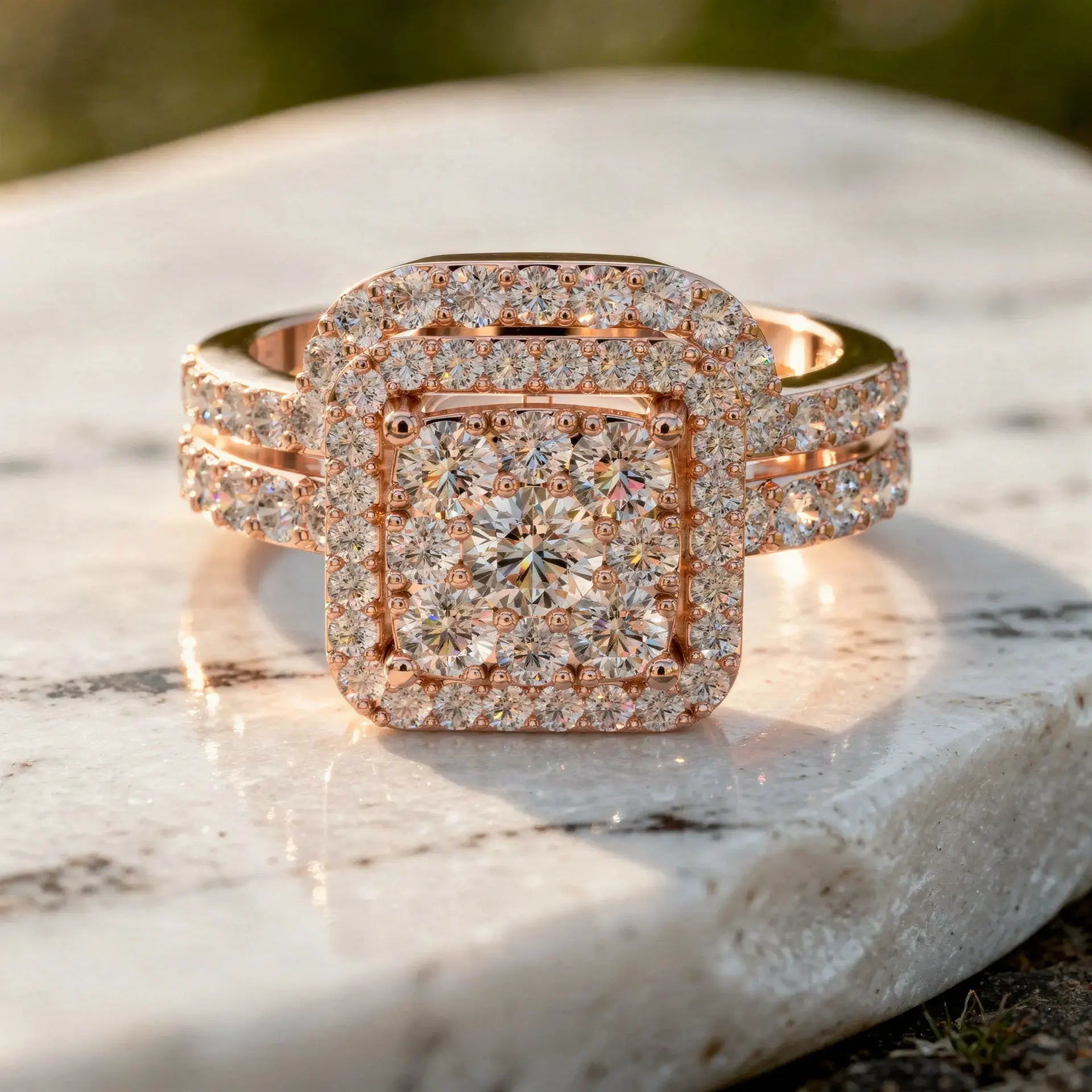 Close-up: Princess Diamond Ring with Halo Setting in 14k Rose Gold - Lab Grown - Driona Jewels