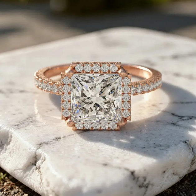 Flat-Lay: Princess Diamond Engagement Ring with Halo Setting in 14k Rose Gold - Lab Grown - Driona Jewels