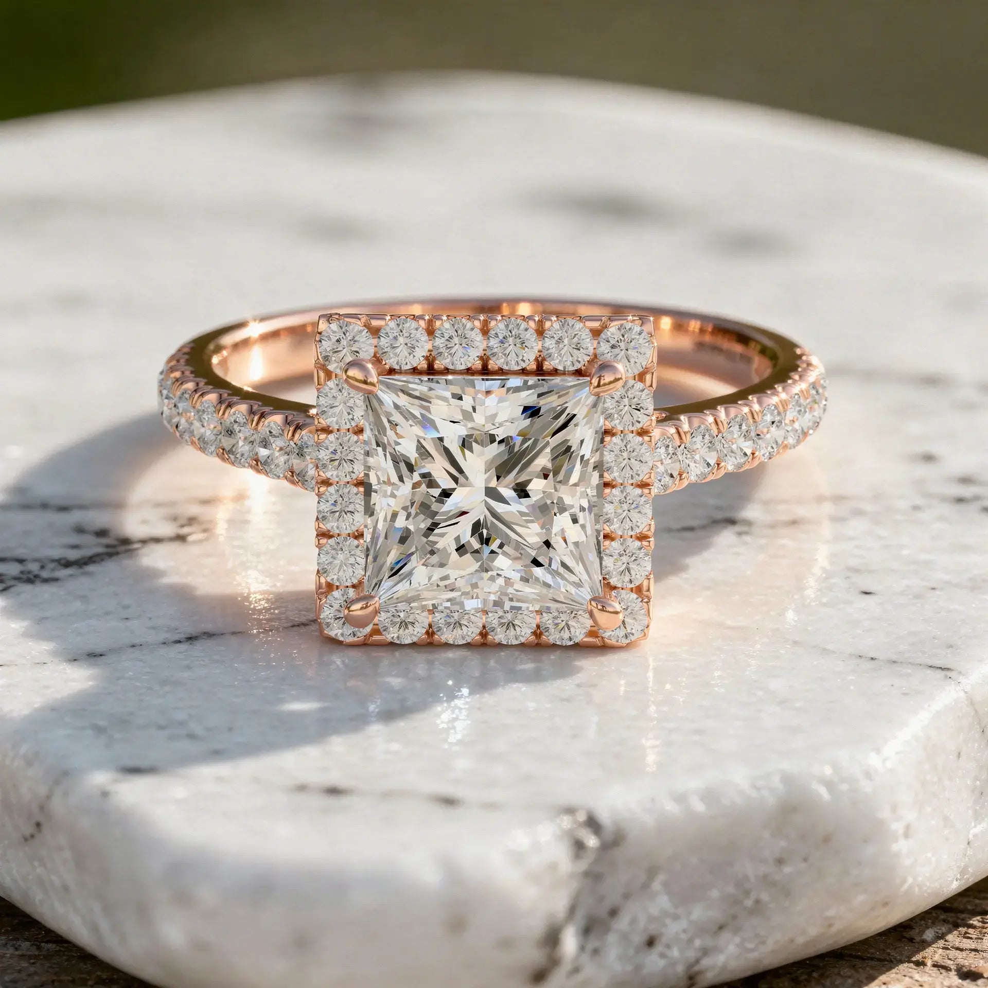 Flat Lay: Princess Diamond Engagement Ring with Halo Setting in 14k Rose Gold - Lab Grown - Driona Jewels