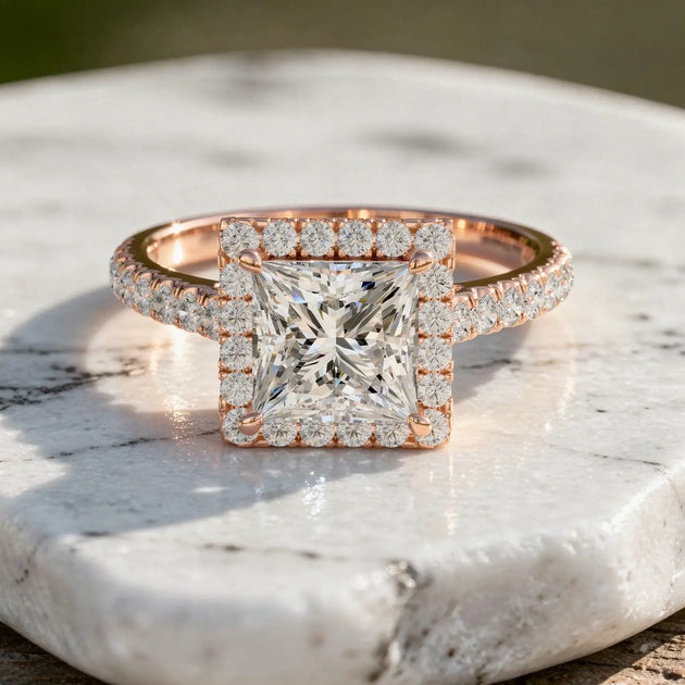 Flat Lay: Princess Diamond Engagement Ring with Halo Setting in 14k Rose Gold - Lab Grown - Driona Jewels