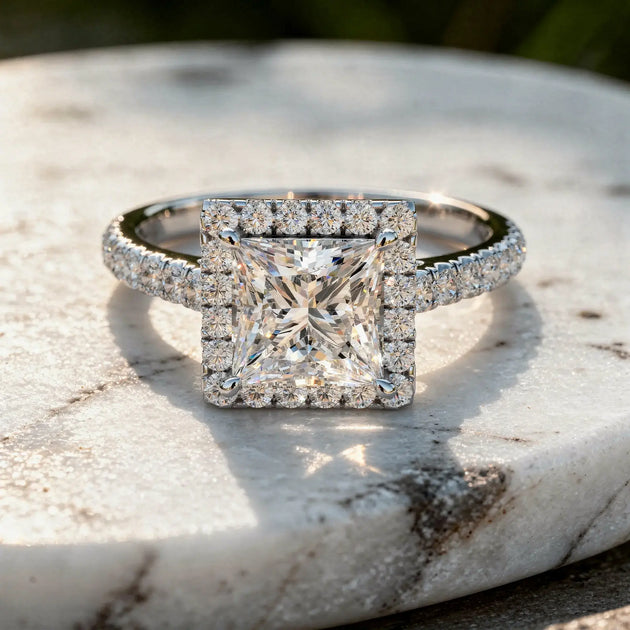 Flat-Lay: Princess Diamond Ring with Halo Setting in 14k White Gold - Lab Grown - Driona Jewels