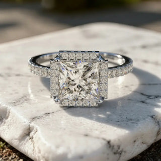 Front-view: Princess Diamond Ring with Halo Setting in 14k White Gold - Lab Grown - Driona Jewels