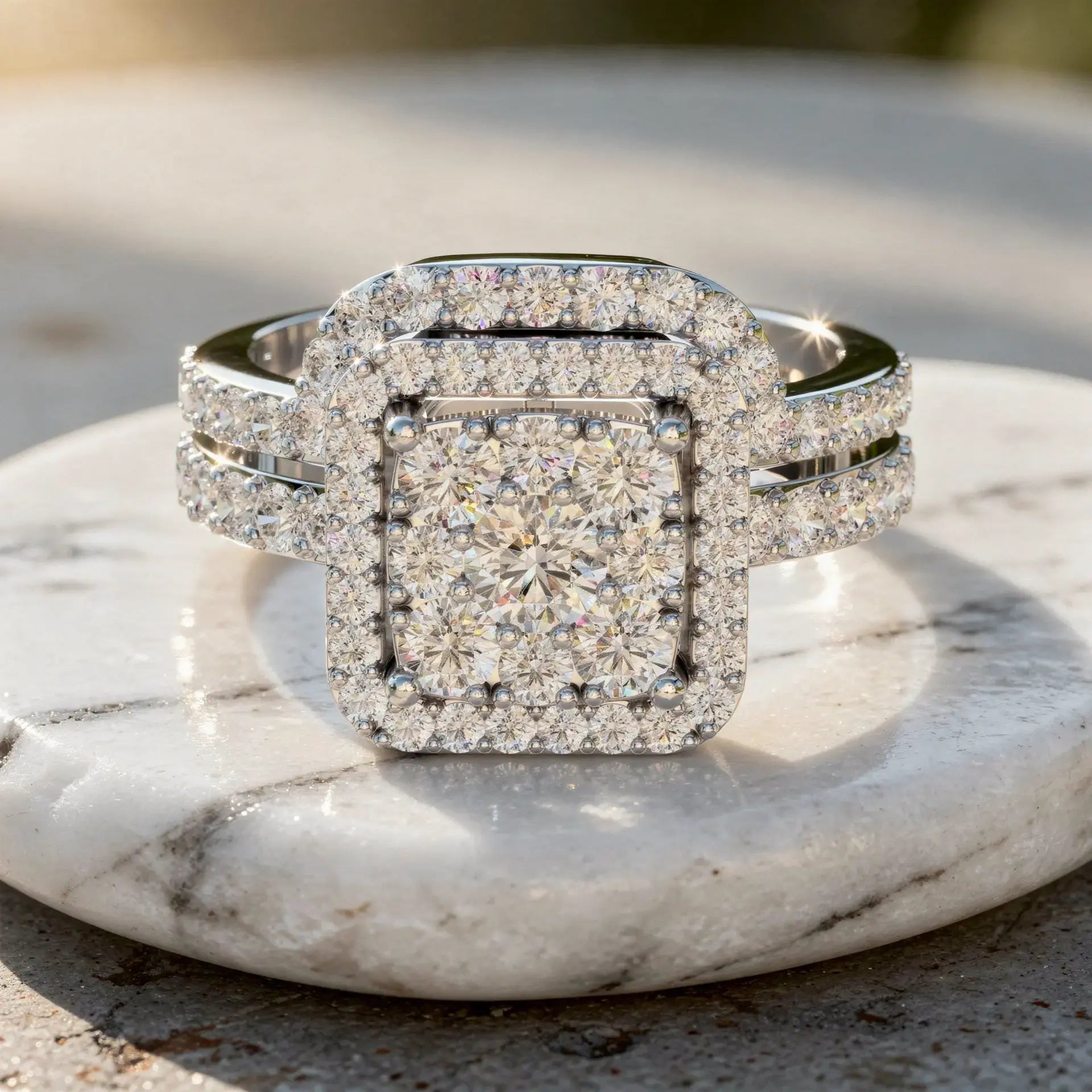 Front-view: Princess Diamond Ring with Halo Setting in 14k White Gold - Lab Grown - Driona Jewels