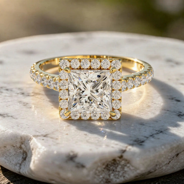 Flat Lay: Princess Diamond Ring with Halo Setting in 14k Yellow Gold - Lab Grown - Driona Jewels