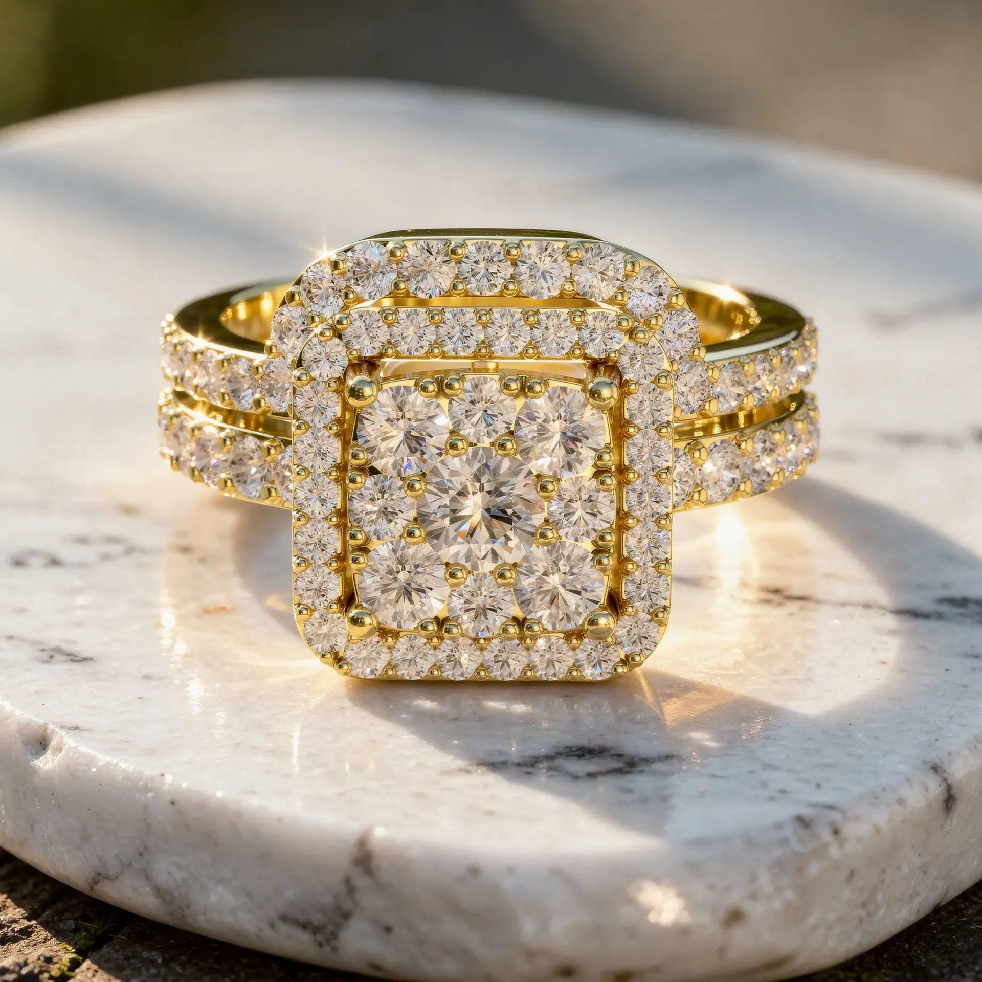 Flat Lay: Princess Diamond Ring with Halo Setting in 14k Yellow Gold - Lab Grown - Driona Jewels