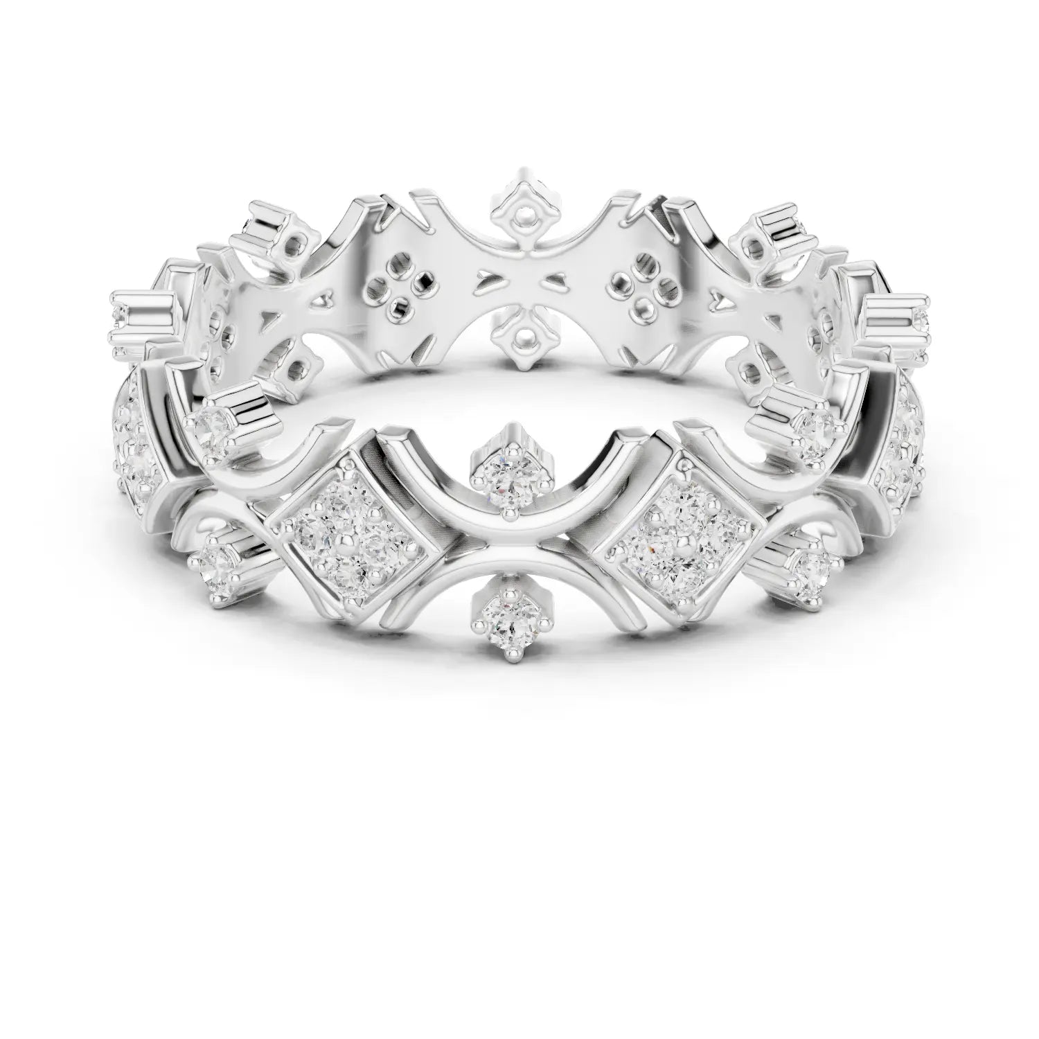 Band Detail: Princess Cut Diamond Ring with Pave Setting in 14k White Gold - Lab Grown - Driona Jewels