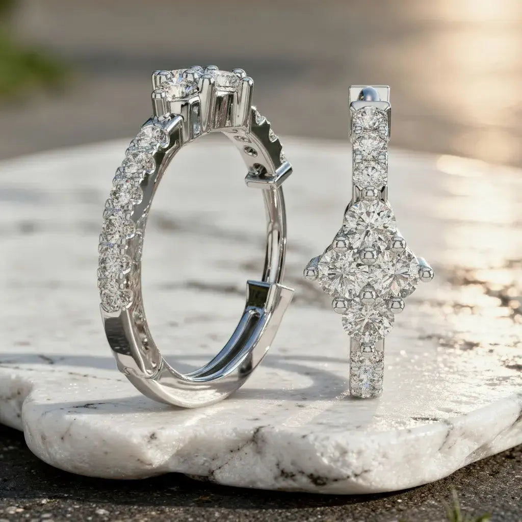 Pair-Shot: Princess Cut Diamond Engagement Ring with Pave Setting in 14k White Gold - Lab Grown - Driona Jewels