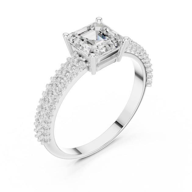 Angle view: Princess Diamond Ring with Prong and Pavé Setting in 14K White Gold – Lab Grown – Driona Jewels
