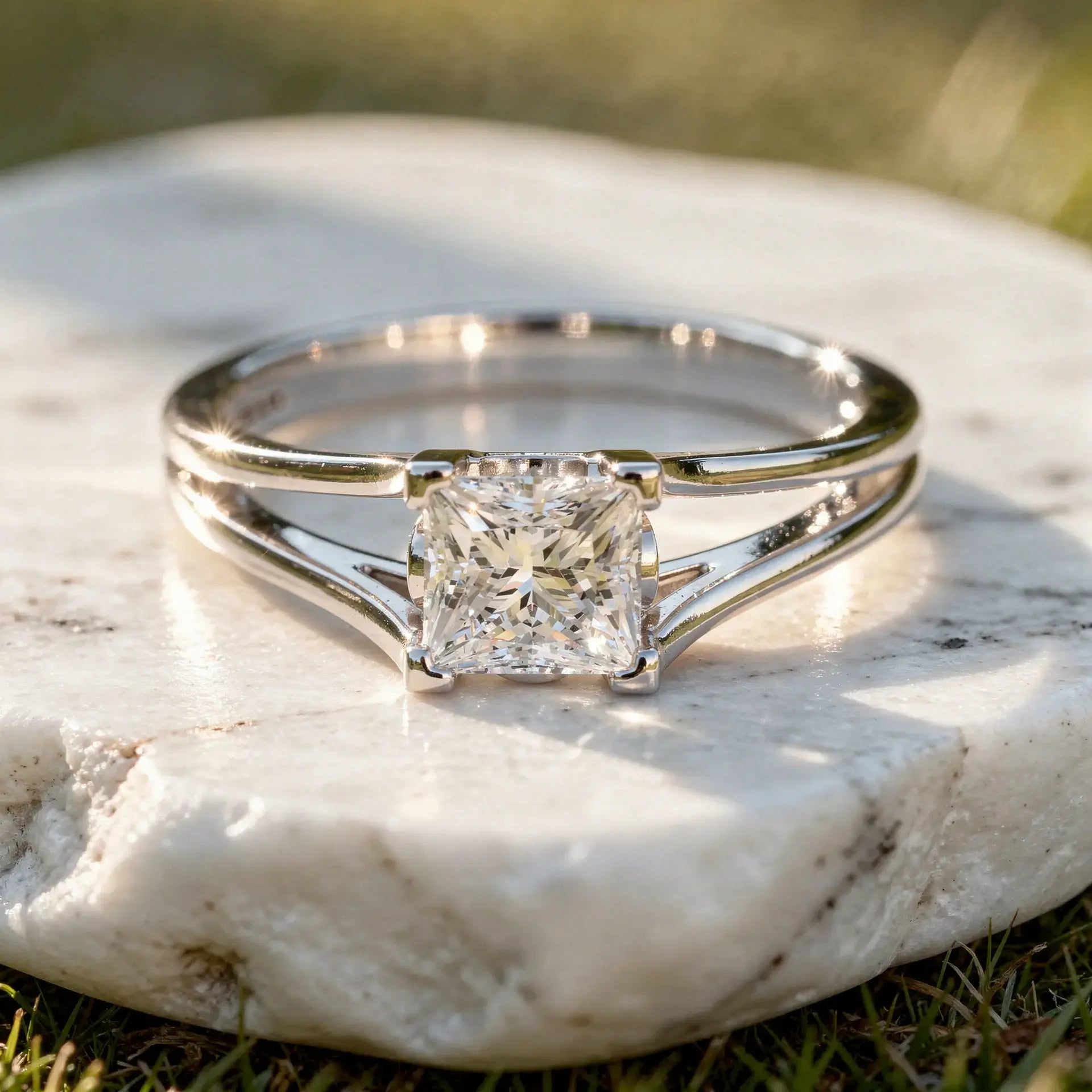 Close-up: Princess Diamond Ring with Solitaire Setting in 14k White Gold - Lab Grown - Driona Jewels