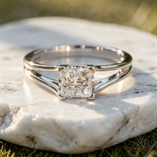 Close-up: Princess Diamond Ring with Solitaire Setting in 14k White Gold - Lab Grown - Driona Jewels