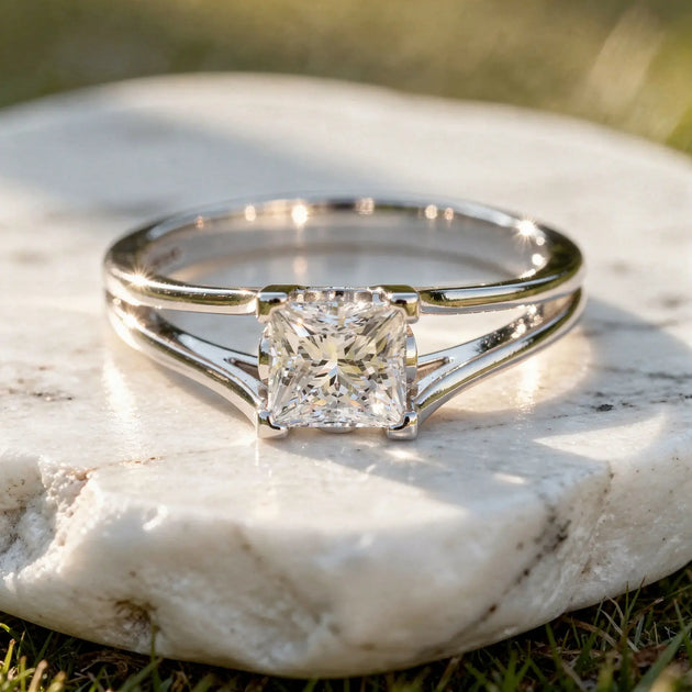 Close-up: Princess Diamond Ring with Solitaire Setting in 14k White Gold - Lab Grown - Driona Jewels