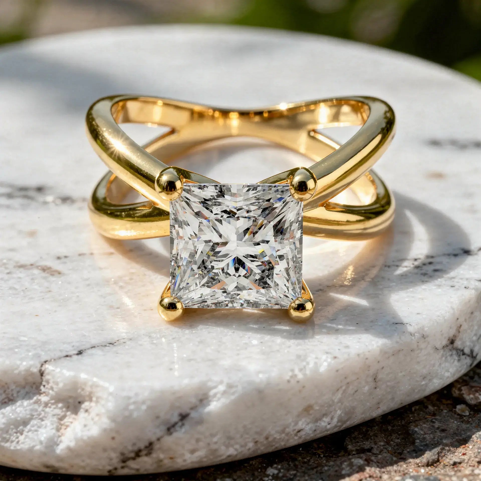 Front-view: Princess Diamond Engagement Ring with Solitaire Setting in 14k Yellow Gold - Lab Grown - Driona Jewels