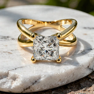 Front-view: Princess Diamond Engagement Ring with Solitaire Setting in 14k Yellow Gold - Lab Grown - Driona Jewels